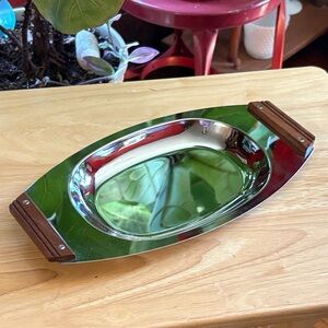 Vintage Kromex Mid-Century Modern Serving Tray with Faux Wood Handles